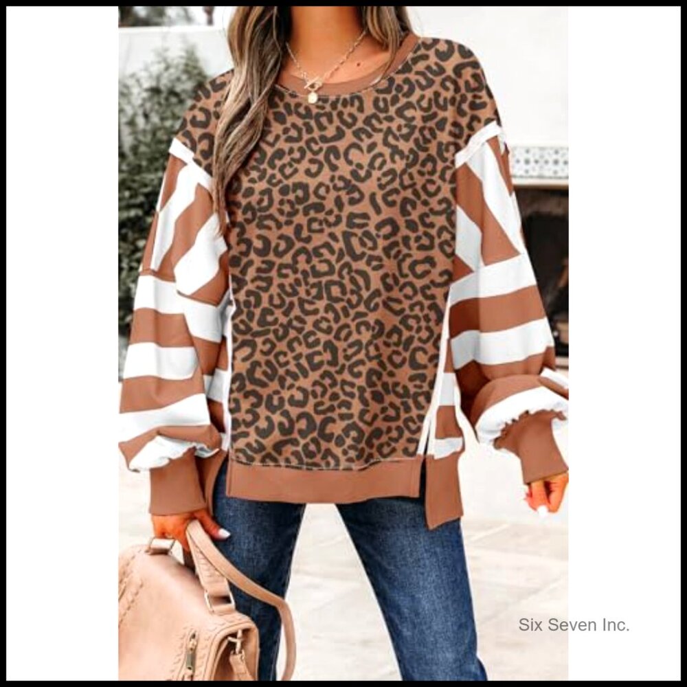 Striped Patchwork Sweatshirt Drop Shoulder Side S… - image 4